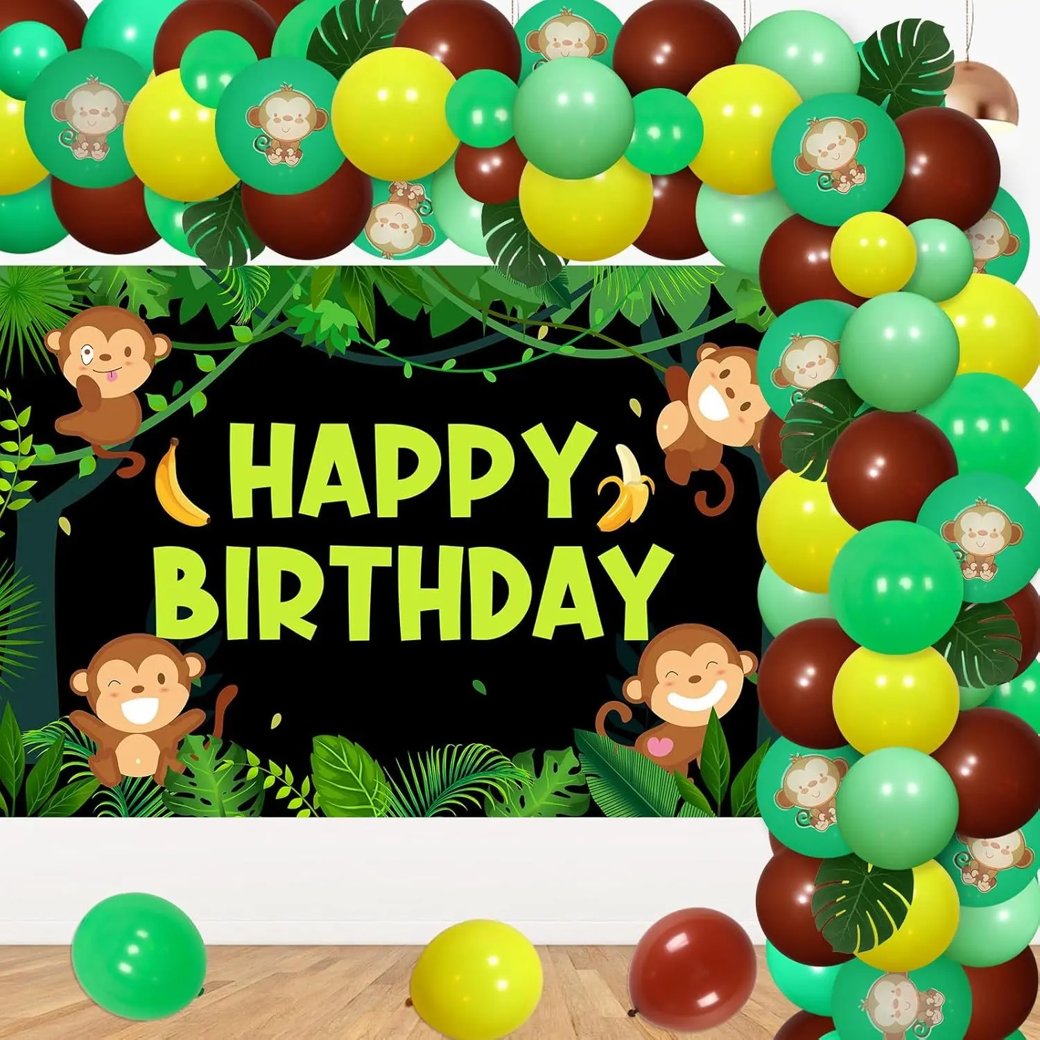 1Set Monkey Jungle Safari Balloon Garland Arch Kit with Happy Birthday Backdrop Monkey Banana Foil Balloons Artificial Tropical Palm Leaves for Baby Party Supplies, Decor, Tape