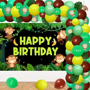 1Set Monkey Jungle Safari Balloon Garland Arch Kit with Happy Birthday Backdrop Monkey Banana Foil Balloons Artificial Tropical Palm Leaves for Baby Party Supplies