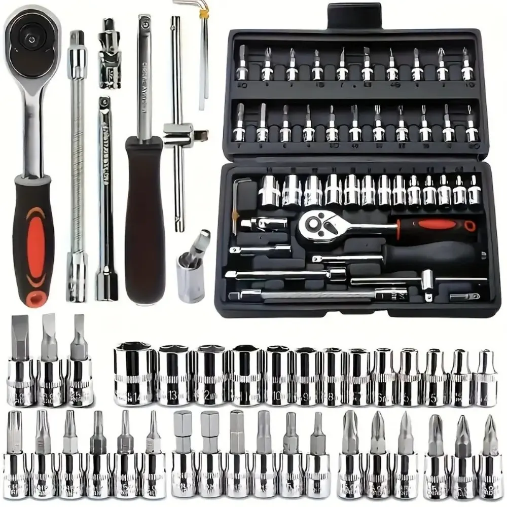 46pcs Ratchet Wrench Tool Kit, 1/4 Inch Metric Socket Set, Advanced Small Car Tools for Auto Maintenance and Repair, Men's Tool Box Set, Ratchet Socket Sets