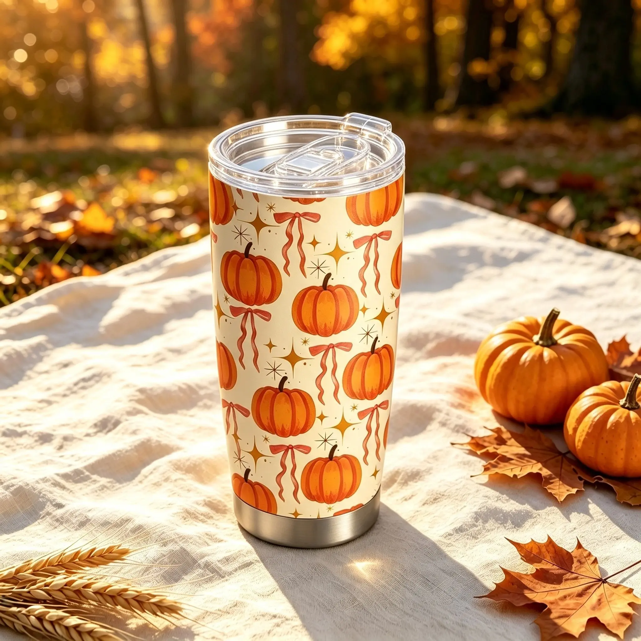 20oz Fall Pumpkin Bow Tumbler, Leak‑Proof Stainless Steel Vacuum Insulated Travel Coffee Mug, Cute Autumn Star Pattern Cup for Car Office Thanksgiving Gift