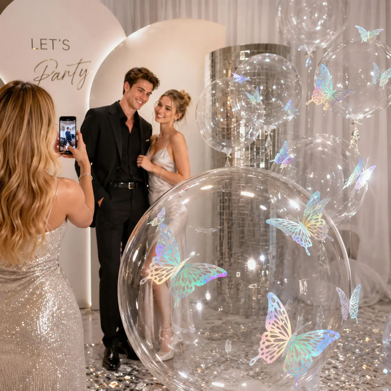 22Pcs DIY Magic Clear Butterfly Balloon Set, Includes 10Pcs 20 Inch Clear Bobo Balloons & 12 Holographic 3D Butterflies, Wall Decor for Romantic Birthday, Wedding & Party Room Decoration