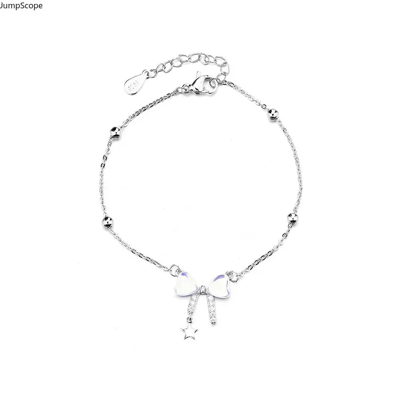 Women's Aurora Moonstone Heart Bow Charm Bracelet - Silver Beaded Chain, Colorful Crystal Star Motif, Dainty Adjustable Chain, Stackable Wrist Jewelry for Indoor Recreation