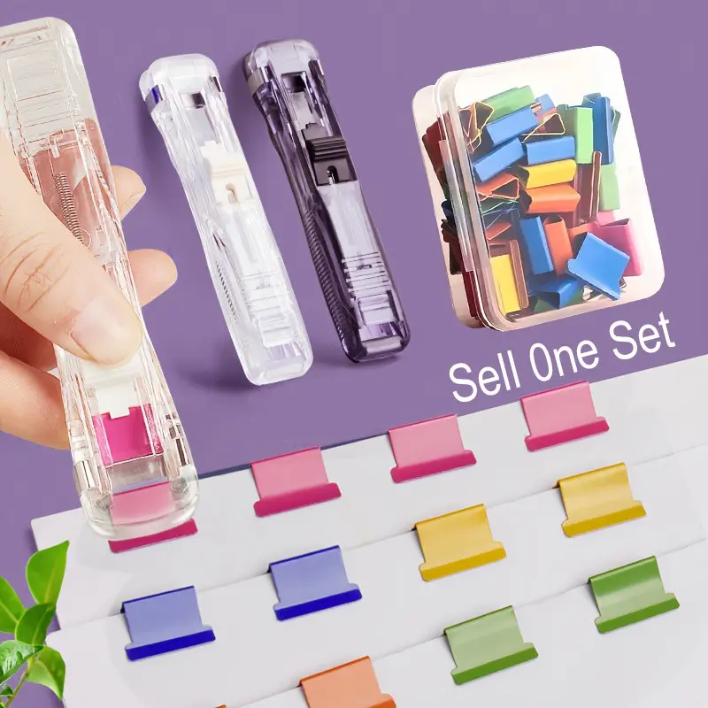Portable Binder Clip Stapler - Includes 50 Reusable Clips Desktop Push Stapler Binder Clips Paper Clamps Small Binding Office Supplies Office Accessories Handheld Stapler Staples Set Desk Paperclip Dispenser