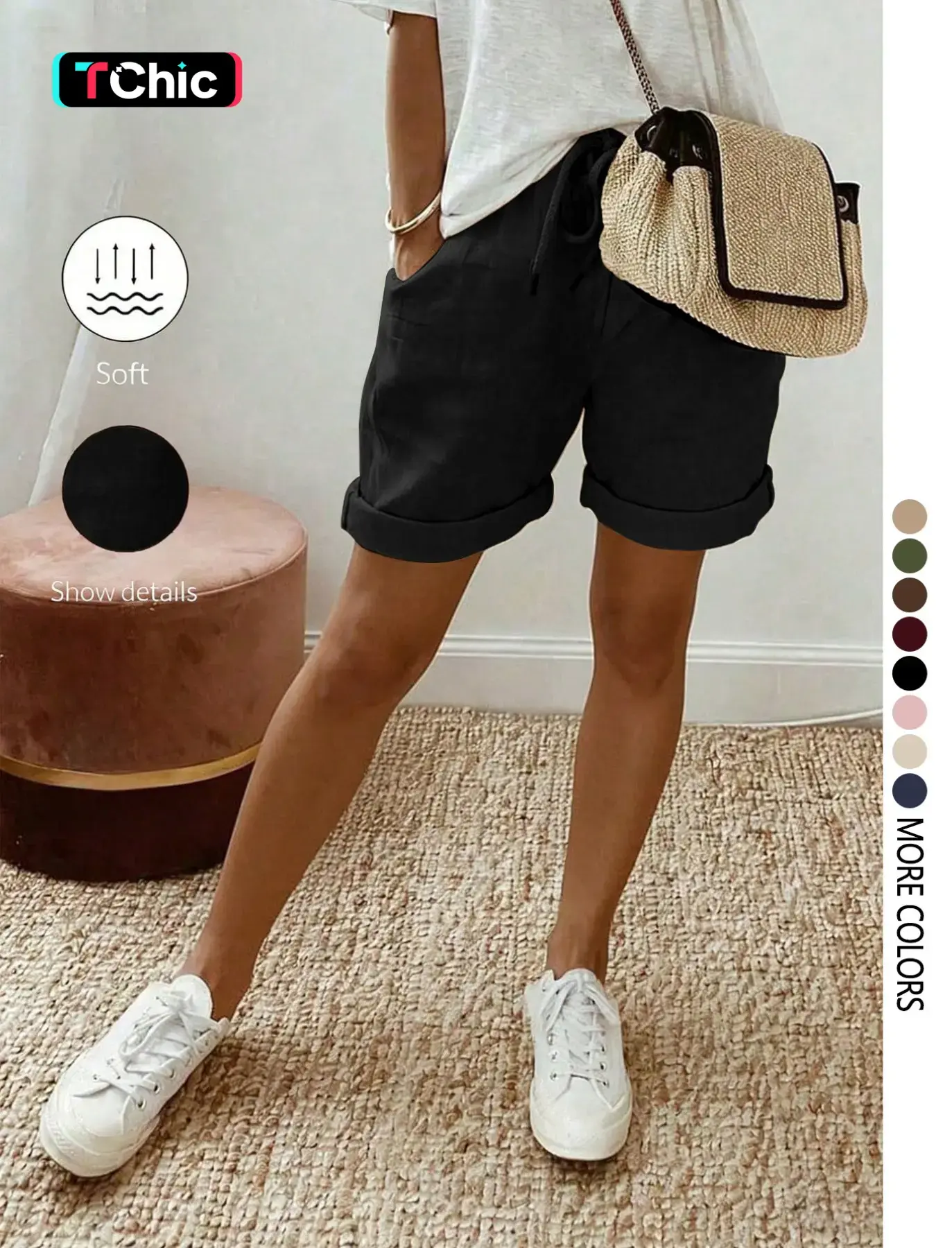 Women's casual solid color bottoms shorts with rolled-up hem, double pockets, drawstring design, adjustable size, suitable for everyday outings and beach vacations.
