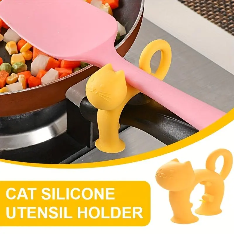 [Cat Pot Clip Spoon] Cat-Shaped Silicone Spoon Rest & Pot Clip - Heat-Resistant, Flexible Kitchen Utensil Holder for Cooking and Serving, Cooking Utensil Holder|Playful Kitchen Decor|Durable Utensil Holde