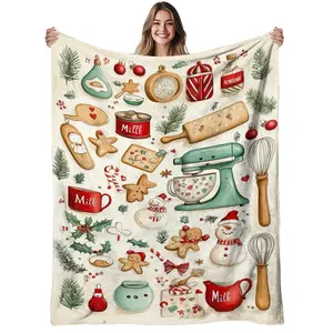 1Pc, Christmas Baking, Flannel Blanket, Soft, Warm, Holiday Cookie Design Print, For Living Room, Bed Room, Office, AllSeason Use, Halloween |   Christmas |   Room Decor |   Fall Decorations For Home, 280Gsm