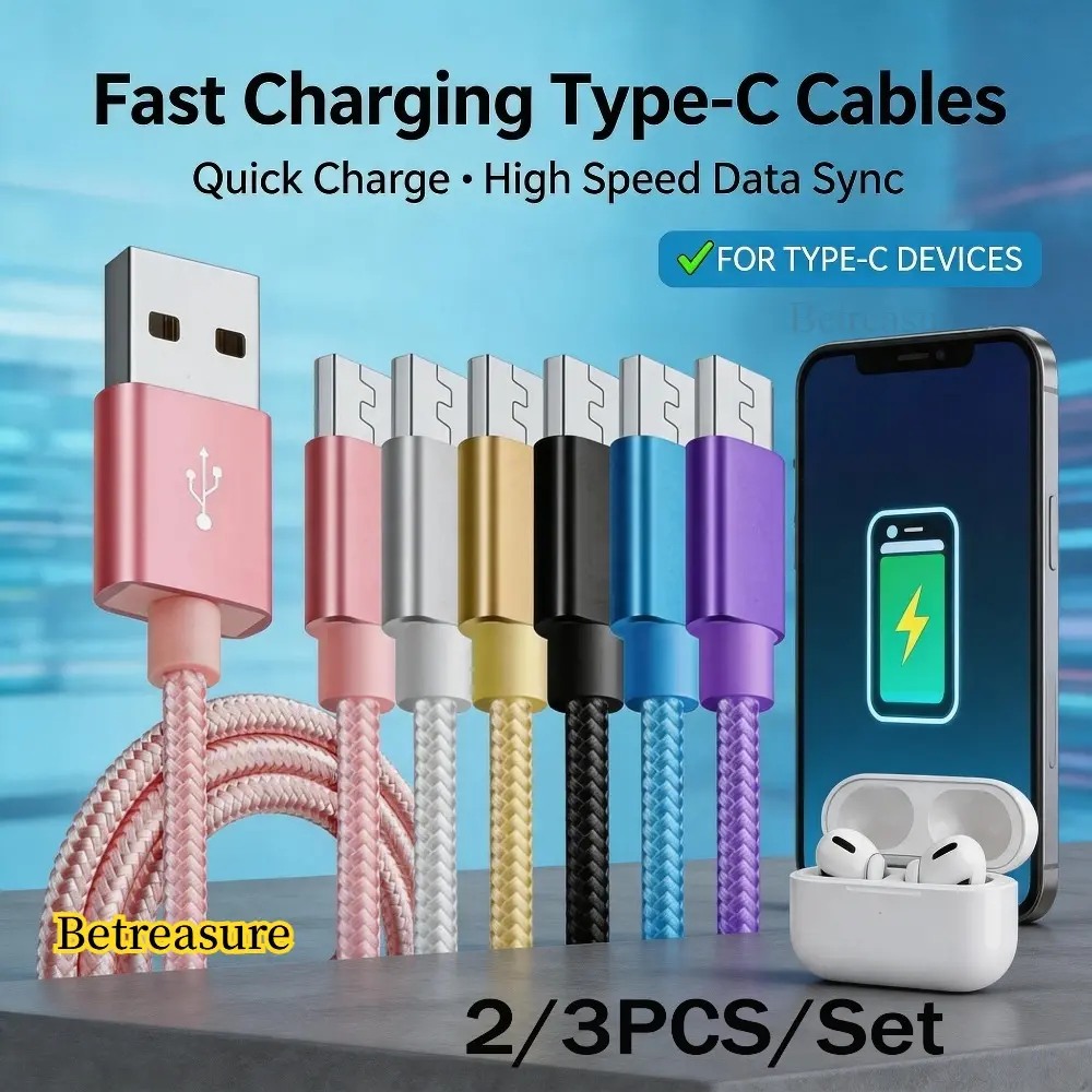 Betreasure 2/3PCS/Set Weaving Nylon USB-C Fast USB Charging Data Cable, High-quality Pure Data Transmission Compatible for Xiaomi, Huawei, Samsung, One Plus Vivo, Oppo, Infinixnote More Other C-connected Devices 1M/2M