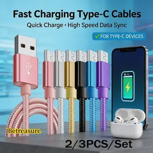 Betreasure 2/3PCS/Set Weaving Nylon USB-C Fast Charge Data Cable, High-quality Pure Data Transmission Compatible for Xiaomi, Huawei, Samsung, One Plus Vivo, Oppo, Infinixnote More Other C-connected Devices 1M/2M