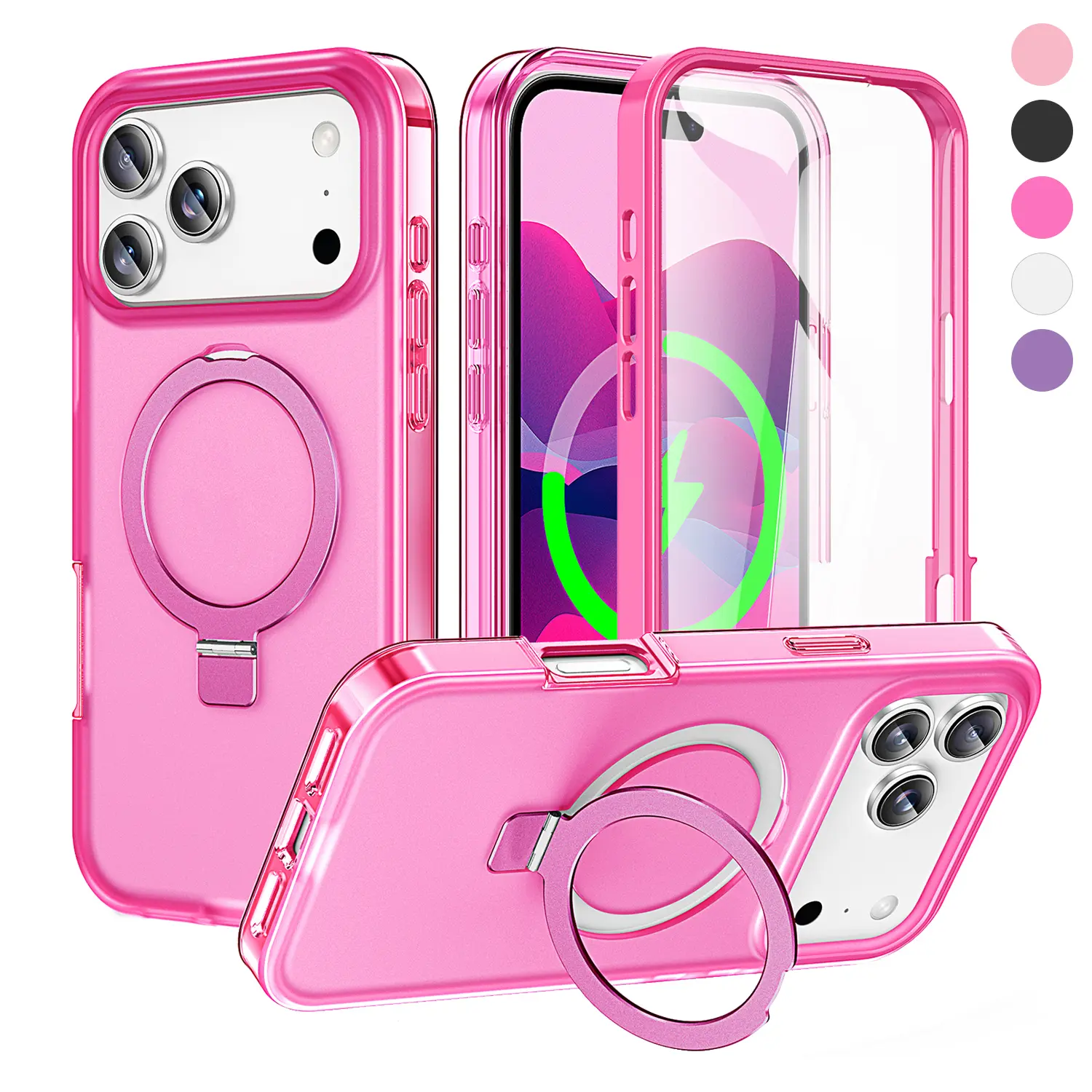 360 Full Protection Magnetic Case for iPhone 17 Pro Max 16 15 14 13 – Stylish Matte Translucent Case with Built-in Plastic Screen Protector & Invisible Kickstand Holder Shockproof, Durable, Slim Case Compatible with Mag Safe Wireless Charging Cover