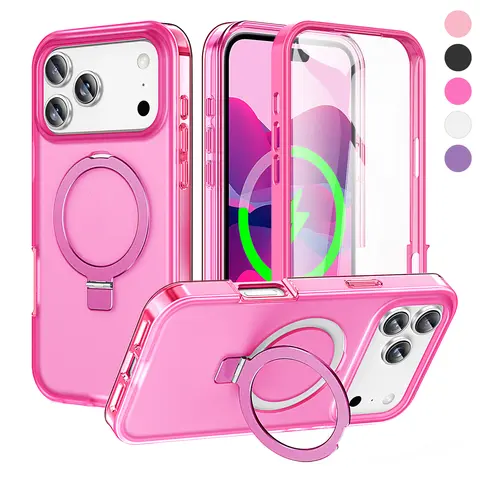 360 Full Protection Magnetic Case for iPhone 18 Pro Max 17 16 15 14 13 – Stylish Matte Translucent Case with Built-in Plastic Screen Protector & Invisible Kickstand Holder Shockproof, Durable, Slim Case Compatible with Mag Safe Wireless Charging Cover