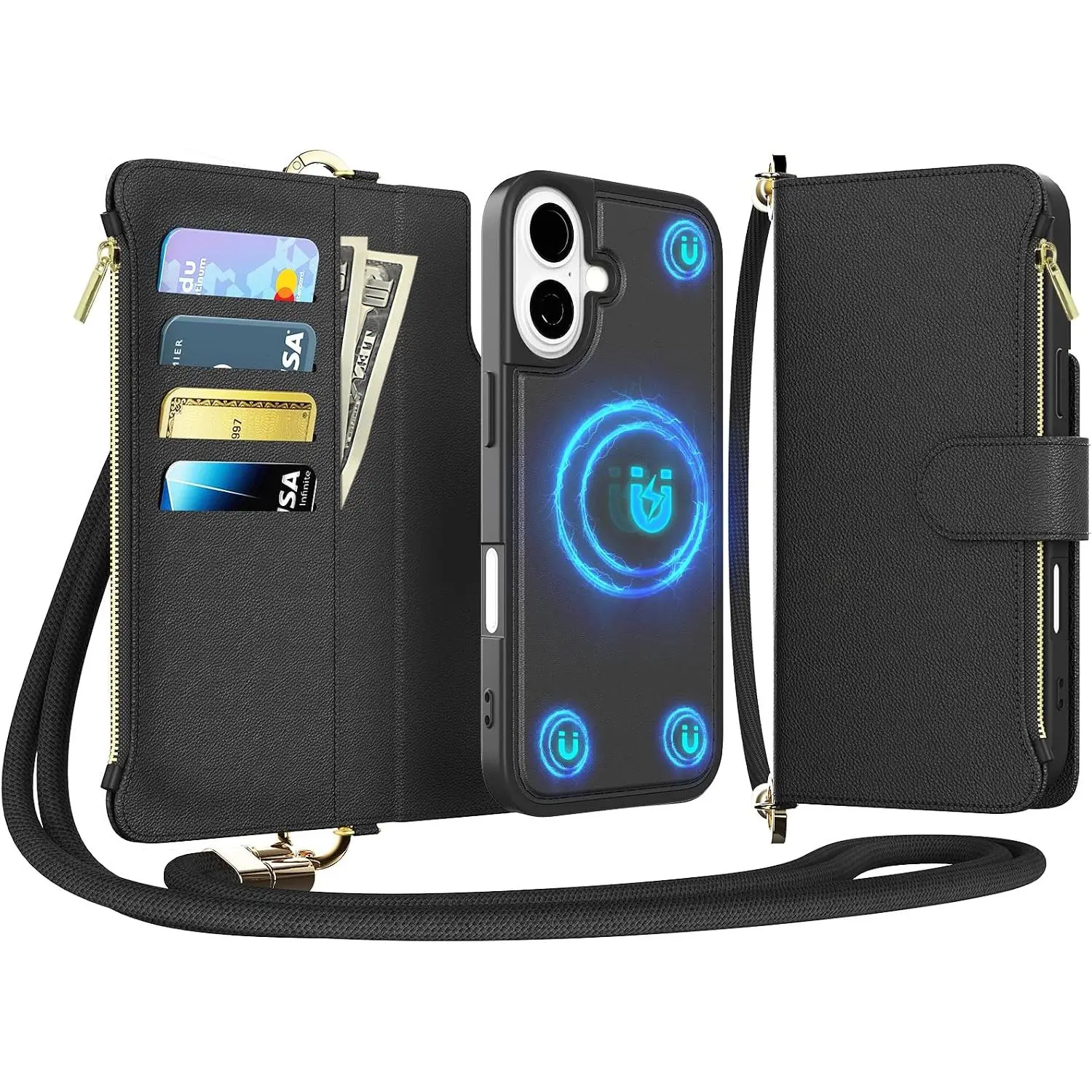 for  16 (6.1 inches) Detachable Wallet Case with Crossbody.Multi-Function 2 in 1  Wallet Case with Card Holder.Flip Strap Zipper Phone Case with  Straps Black