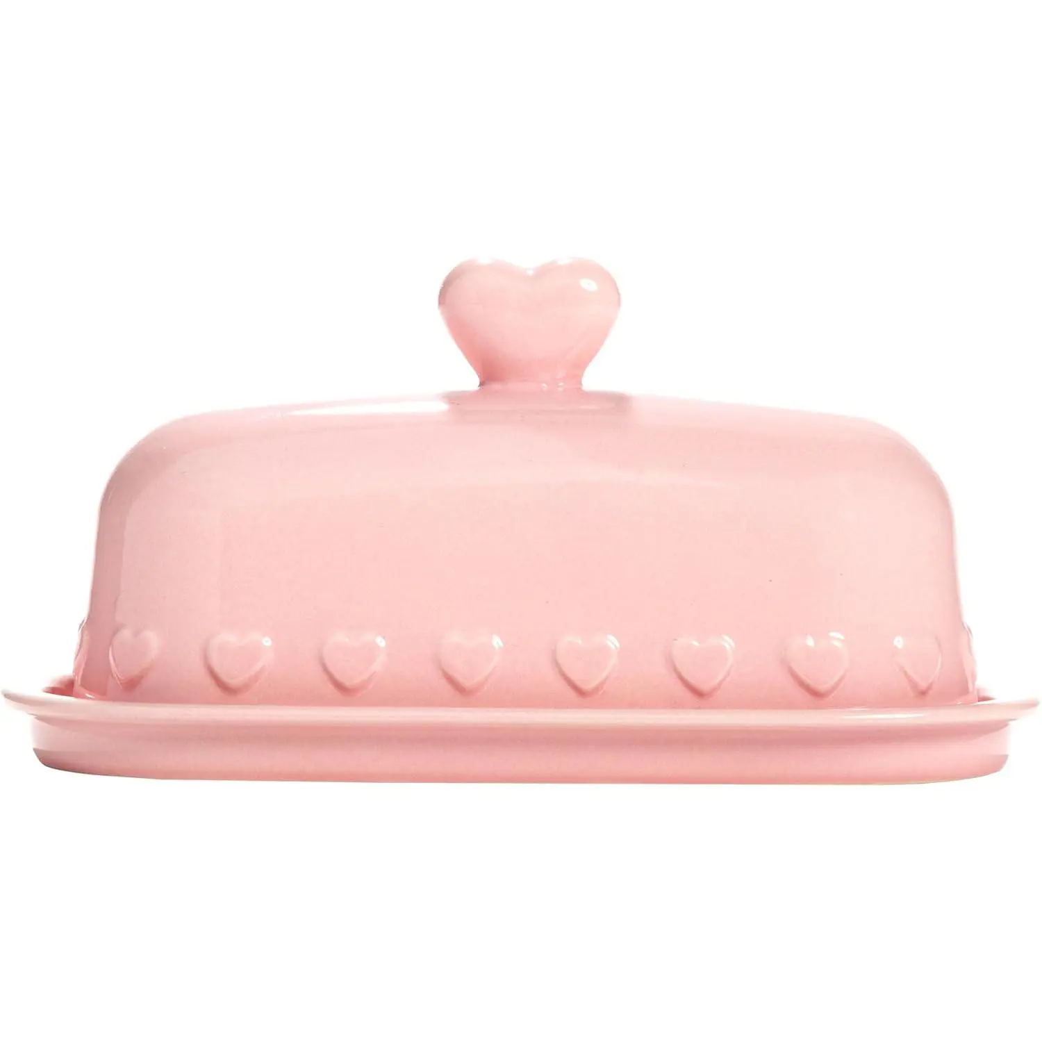Girly Pink 2-Piece Ceramic Heart Knob Butter Dish, Modern Stoneware with Heart Detailing, BPA-Free, Microwave-Safe, Dishwasher Safe Kitchen Dishware for Serving, Pink Ceramic Plates Tableware