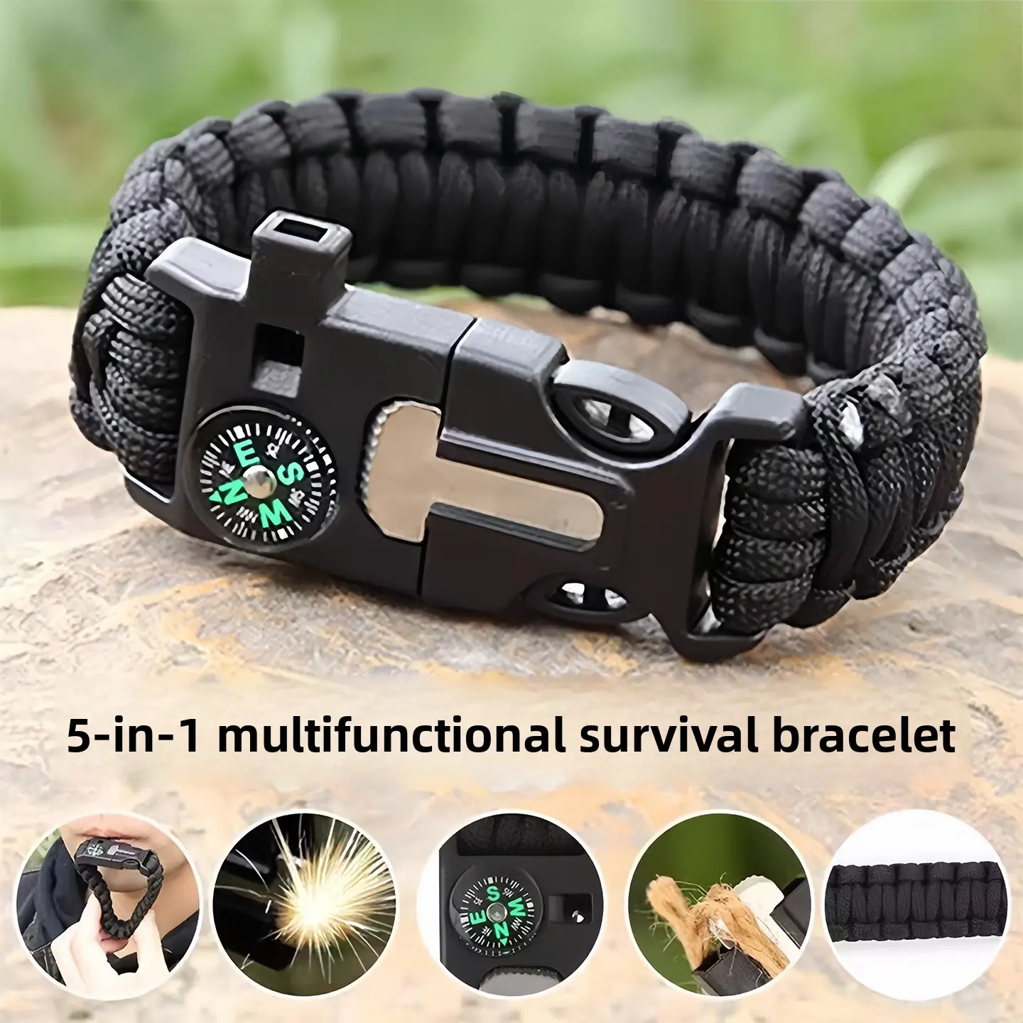 Unisex Heavy Duty Waterproof 5-in-1 Multifunctional Outdoor Wrist Band with Nylon Cord - Fire Starter, Compass, Mountaineering Lanyard, Emergency Whistle, Adjustable Size Multi-Tools for Camping, Outdoor Hikes, Travel Safety Survival Gear, Hiking, 5-In-1,