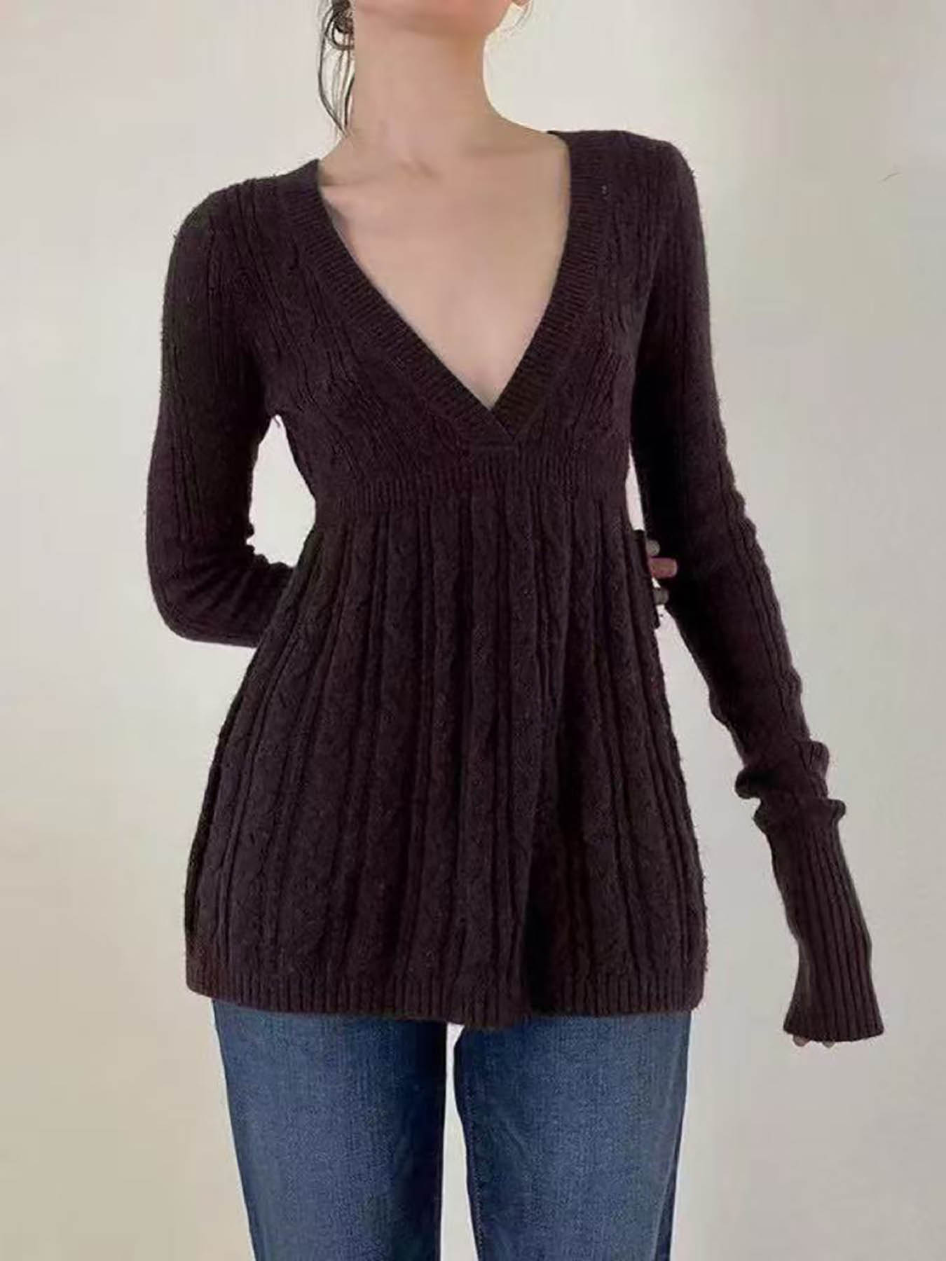Women's Y2K Vintage Sweater, Soft Long Sleeve V-neck High Waist Knitwear for Women