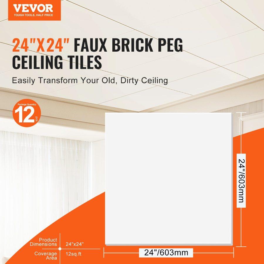 VEVOR Ceiling Tiles, 12-Pack 24x 24 in, Drop Ceiling Tiles Premium PVC Sheet, Easy Installation/ Cutting Plastic Glue-up Ceiling Tile, Ceiling Covering for Home/Office Decoration, White Peg Pattern