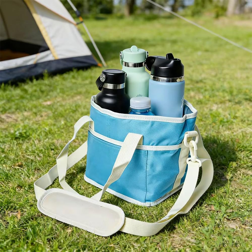 4 Compartment Insulated Drink Carrier Bag, Family Size Tumbler Caddy with Adjustable Strap, Reusable Drink Holder for Hiking, Camping, Sports & Family Outings, Blue/Black Available