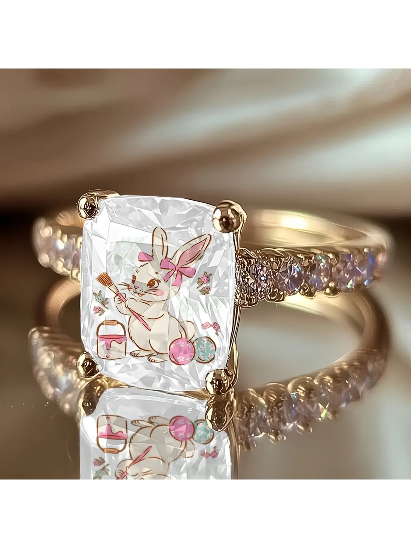 Rectangular bow-shaped painting rabbit print ring - Cute cartoon egg-shaped rabbit pattern ring - A small gift for girls' spring daily wear decoration