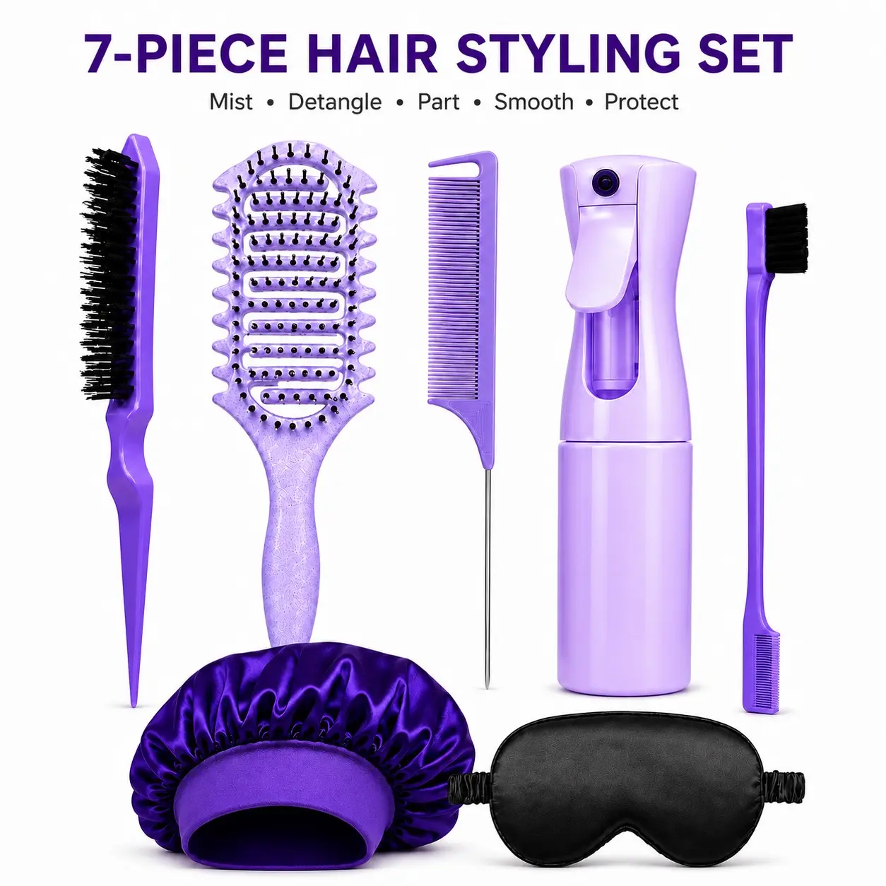 7-Piece Hair Styling & Care Set with Continuous Mist Spray Bottle, Vented Detangling Brush, Teasing Brush, Rat Tail Comb, Dual-Ended Edge Brush, Bonnet & Sleep Mask for Detangling, Parting, Smoothing and Daily Hair Care
