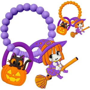 Halloween Teething Ring, Silicone Baby Teether with Witch and Cat Design, BPA-Free Infant Teething Toy, Easy to Hold,Safe  Babies and Toddlers (Colorful, Skull & Witch Hat) 2PC