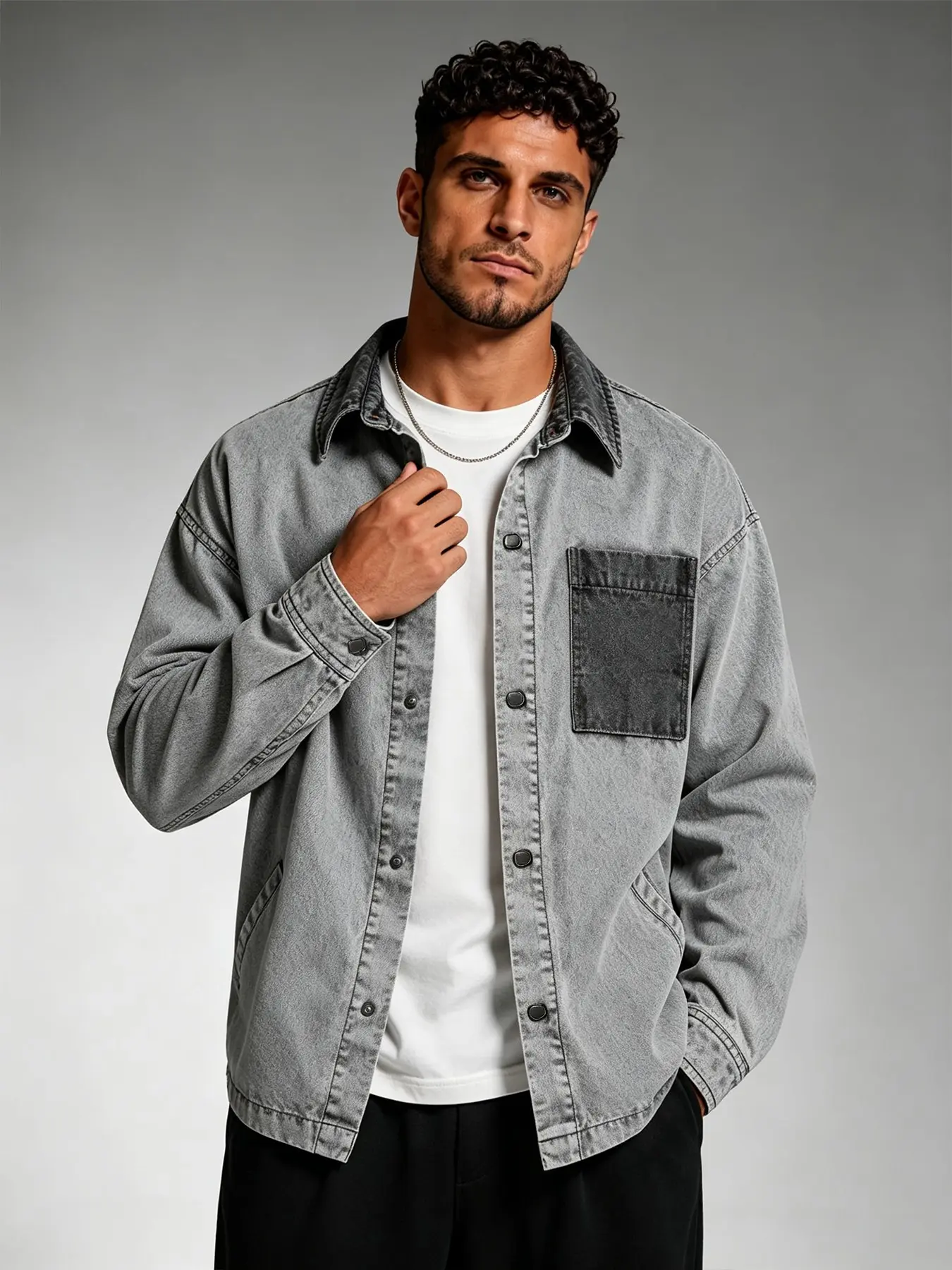 Men's Oversized Vintage Washed Contrast Patch Pocket Shacket, Long Sleeve Button Down Collared Shirt Jacket, Casual Streetwear Daily