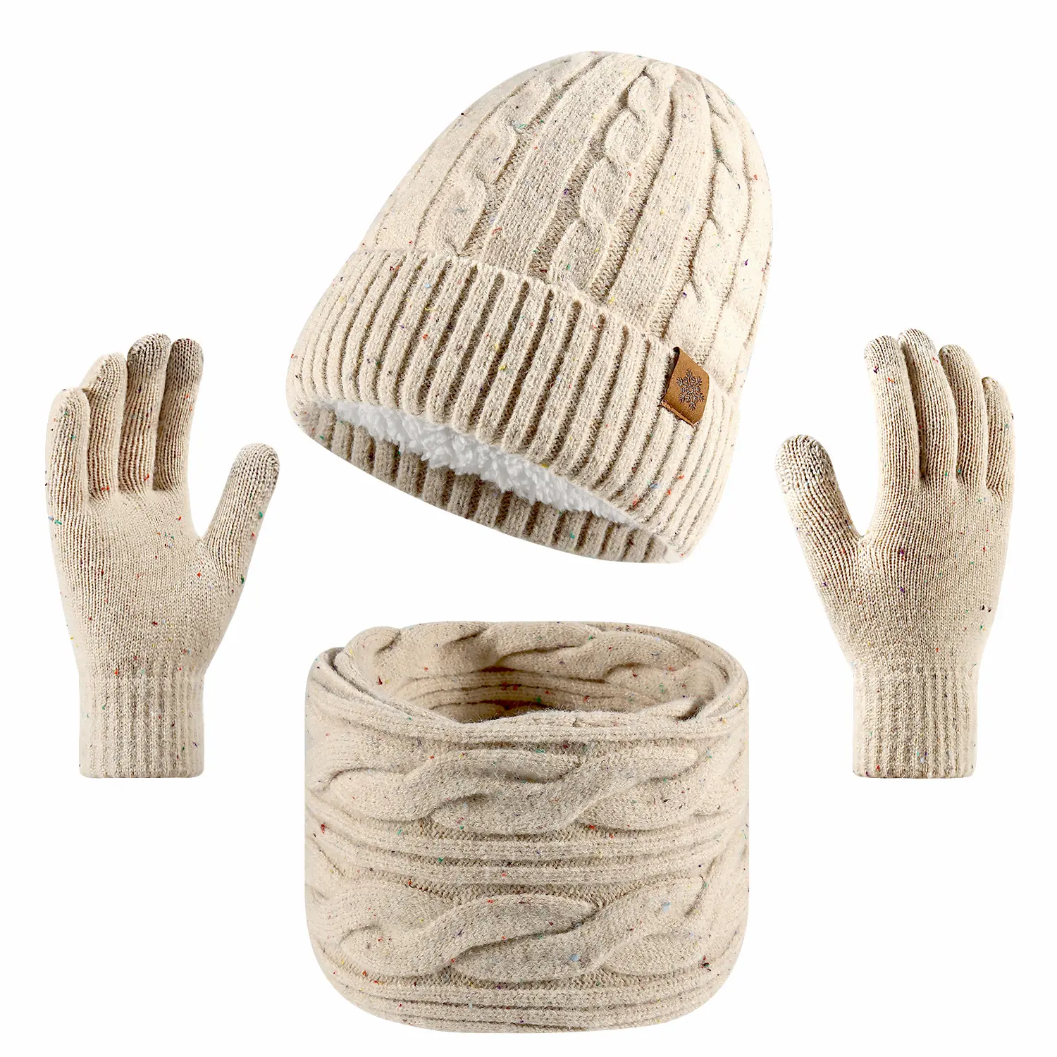Womens Winter Thick Fleece Lined Knitted Hat Knitwear Hats Scarves Gloves Three-piece Set Cozy Thermal Windproof Suitable Full Head Neck Hand Warm Protection Stylish Knit Accessory Pack Matches Various Winter Outfits For Daily Casual Use