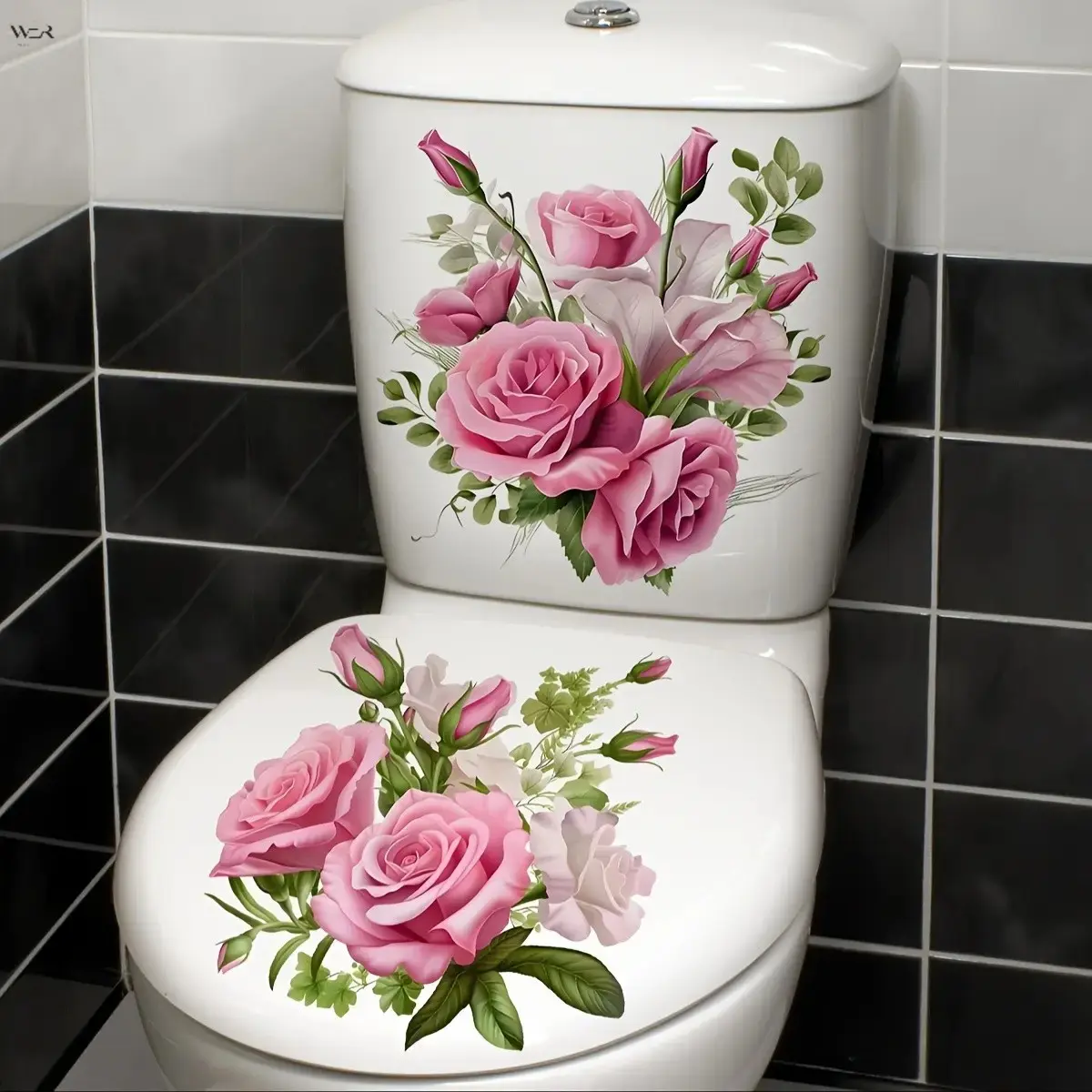 Pink Rose Flower Toilet Lid Stickers, 2Pcs Waterproof Removable Floral Wall Decals, Bathroom DIY Decor Art Sticker for Toilet Tank Ceramic Tile Home Decoration