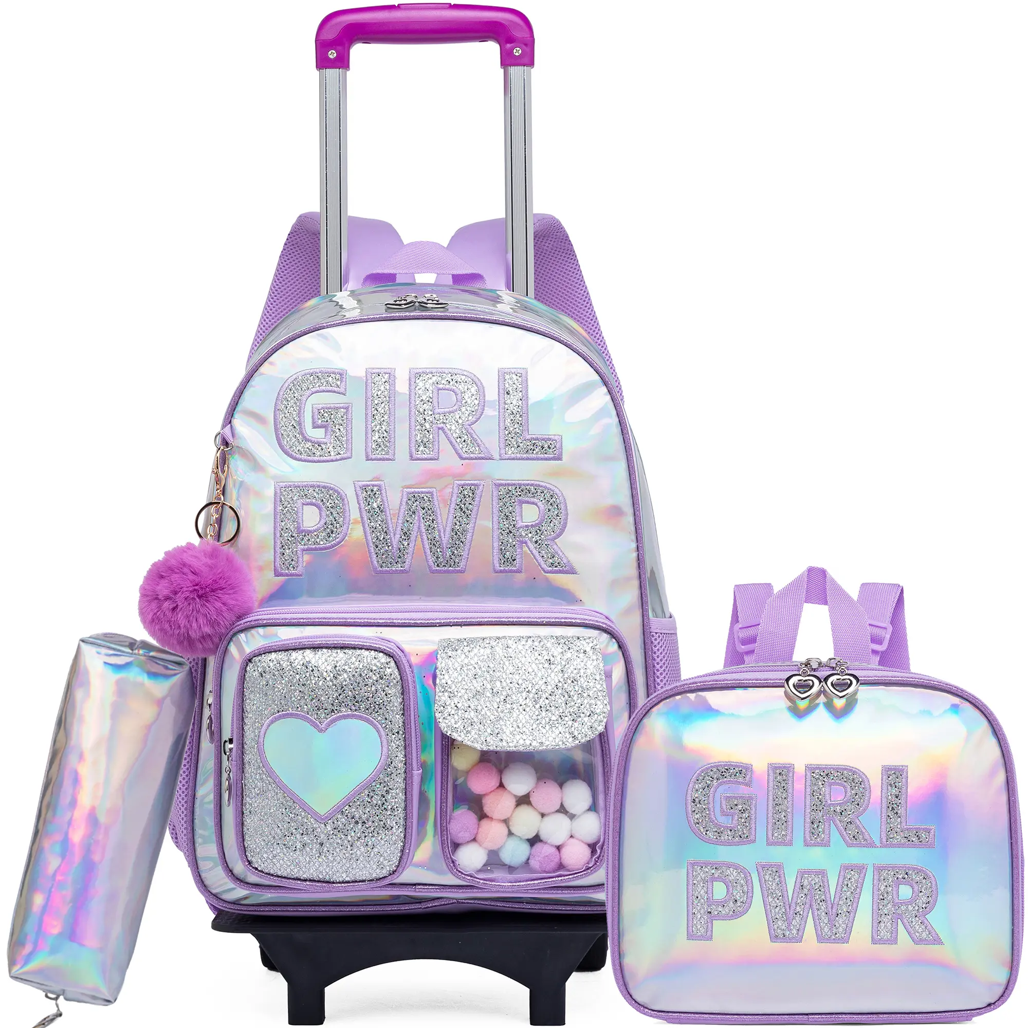 GIRL PWR Purple Holographic Rolling Backpack 3pcs Set for Girls | Lavender Iridescent Wheeled School Bag with Lunch Box & Pencil Case | Colorful Pom Poms Shaker Y2K Heart Trolley Bookbag 2026