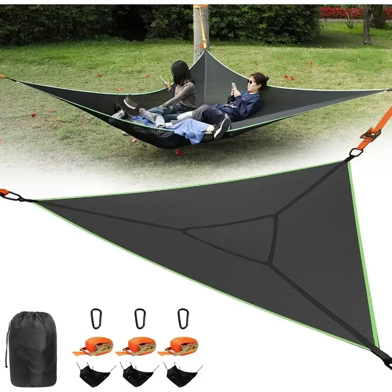 Triangle Camping Hammock, Portable Anti-Tipping Hammock with Thickened Mesh, Multi-Person Outdoor Hammock for Camping, Hiking, Backyard and Travel