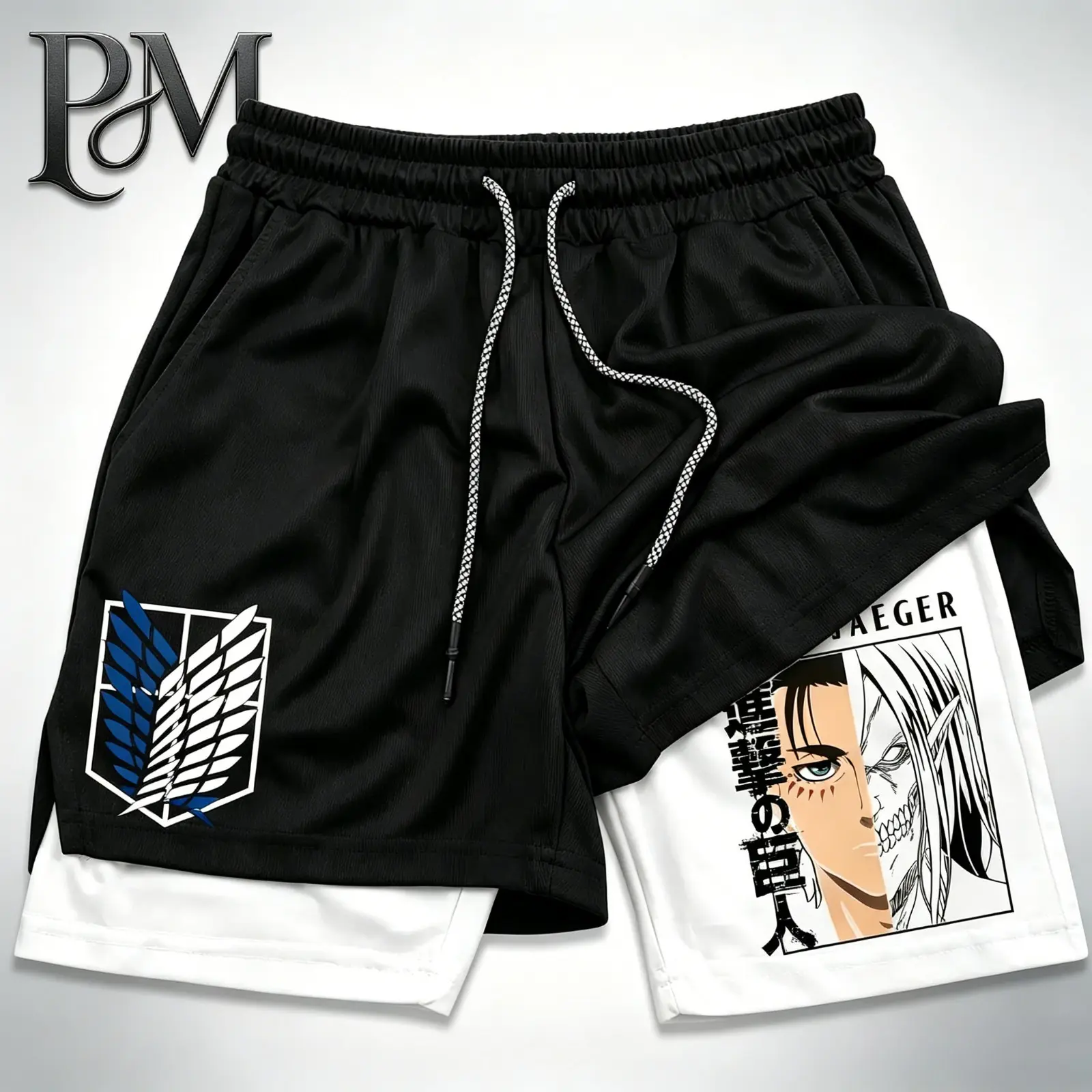 Men’s Anime Attack on Titan Eren Jaeger 2-in-1 Running Shorts Quick-Dry Bilayer Compression Gym Athletic Training Shorts Black White Y2K Streetwear Summer Activewear Moisture Wicking Breathable Basketball Jogging Beach Outdoor Vacation Holiday Gift for Me