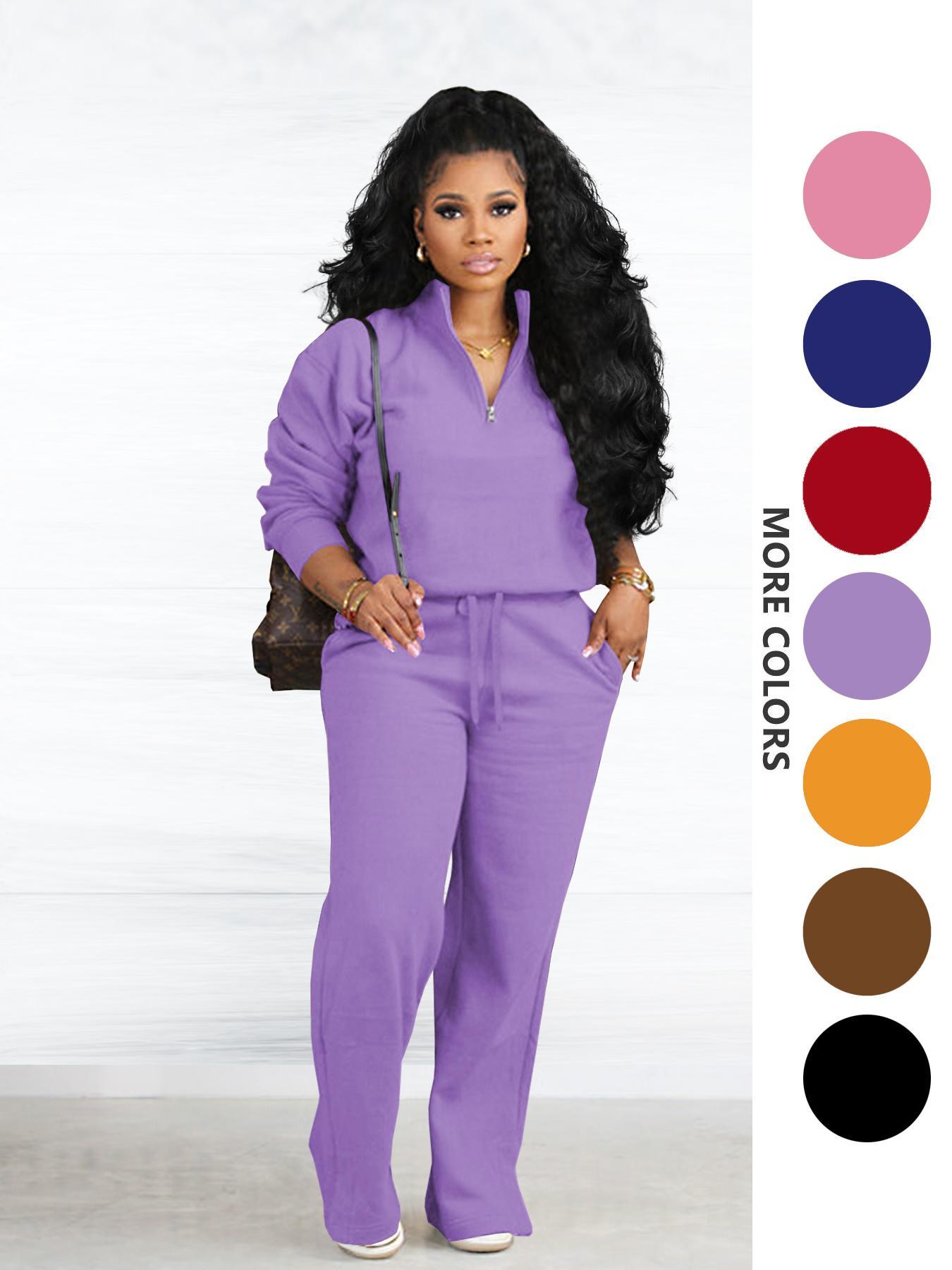 Two-piece Set Women's Solid Zip Up Funnel Neck Sweatshirt & Drawstring Waist Pants, Casual Fashion Cozy Fitted Drop Shoulder Long Sleeve Top & Pocket Trousers for Daily Outdoor Wear, Women's Clothing for Fall & Winter