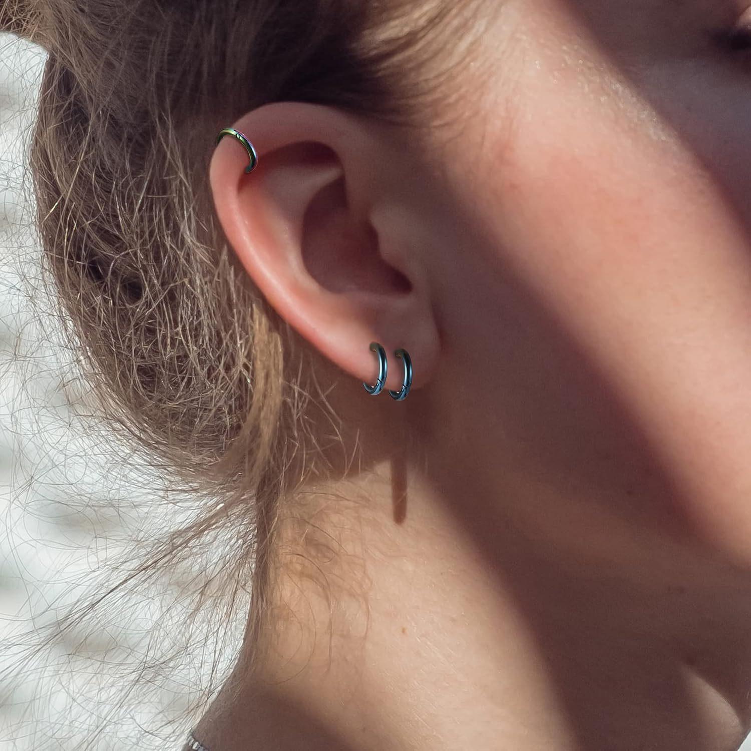 12Pairs 316L Surgical Stainless Steel Small Hoop Earrings for Men Women Hypoallergenic Huggie Hoops Cartilage Helix Tragus Lobes Hinged Sleeper Hoop Earrings Set 18G 6mm/8mm/10mm/12mm/14mm