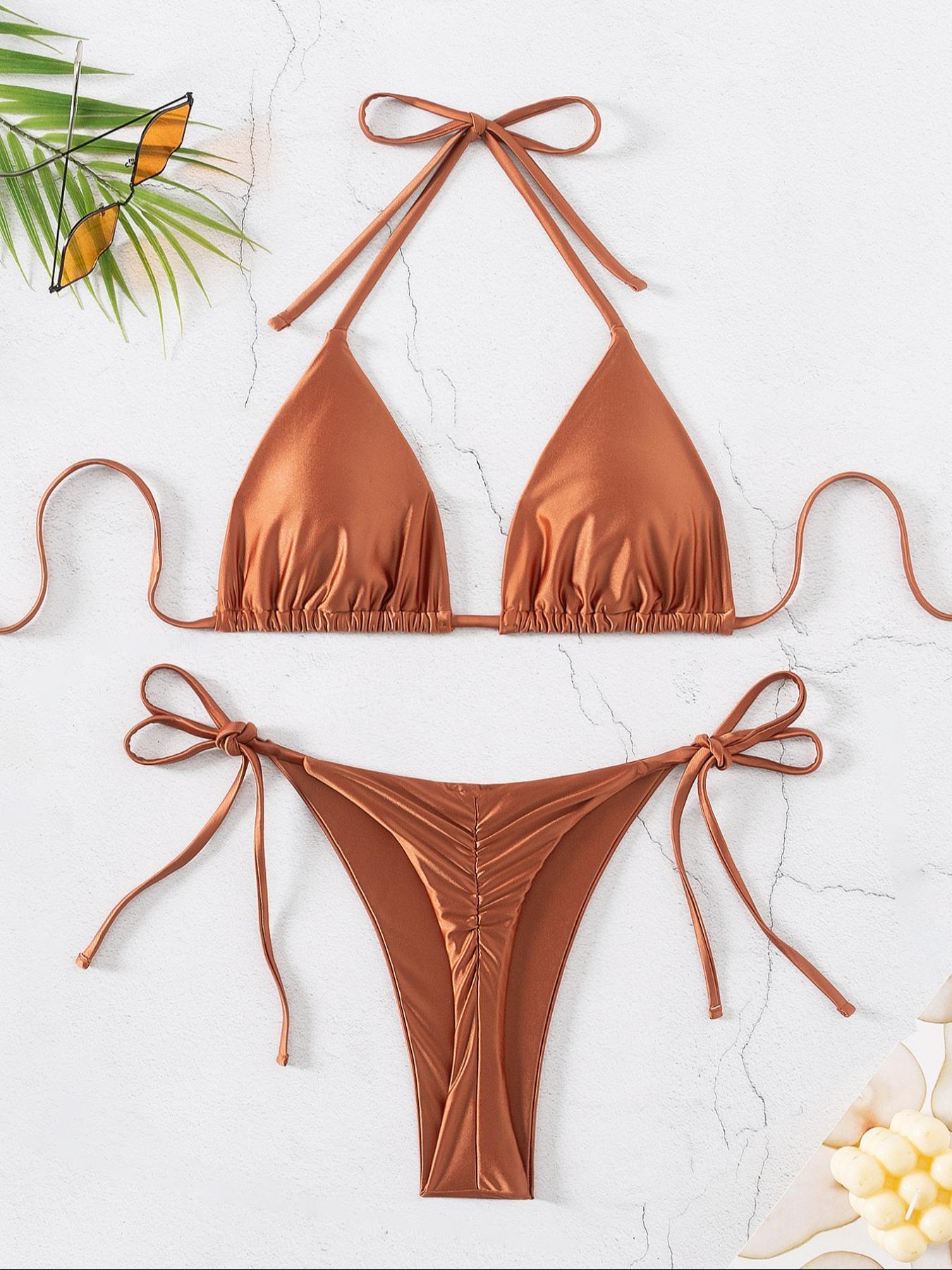 Women's Solid Tie Back Halter Bikini Set, Casual Triangle Swim Bra & Tie Side Swim Panty Set for Beach Holiday, Women's Trendy Chic Swimsuit for Summer