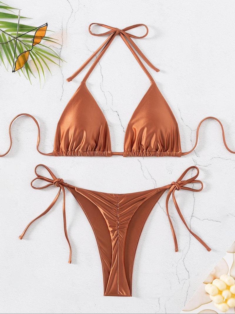 Women's Solid Halter Bikini Set, Casual Triangle Swim Bra & Tie Side Swim Thong Set for Beach Holiday Vacation, Women's Trendy Chic Swimsuit for Summer, Tie Back Bikinis