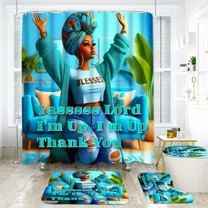 African cultural pattern shower curtain or set (including shower curtain, non-slip pad, U-shaped pad and toilet seat) with the slogan "Grateful Awakening", stylish design. 12 hooks are included in the entire shower product set.