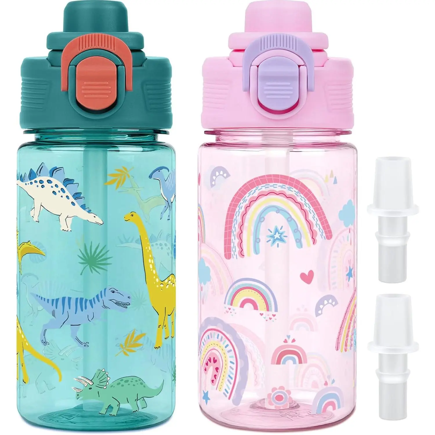 Kids Water Bottle with Bite & Sip Straw, Rainbow/Dinosaur| 13oz Toddler Water Bottle · BPA-Free, Handle, Leak-Proof, and Pop-Up Spout Cover · Safe for School Sports Travel & Camp