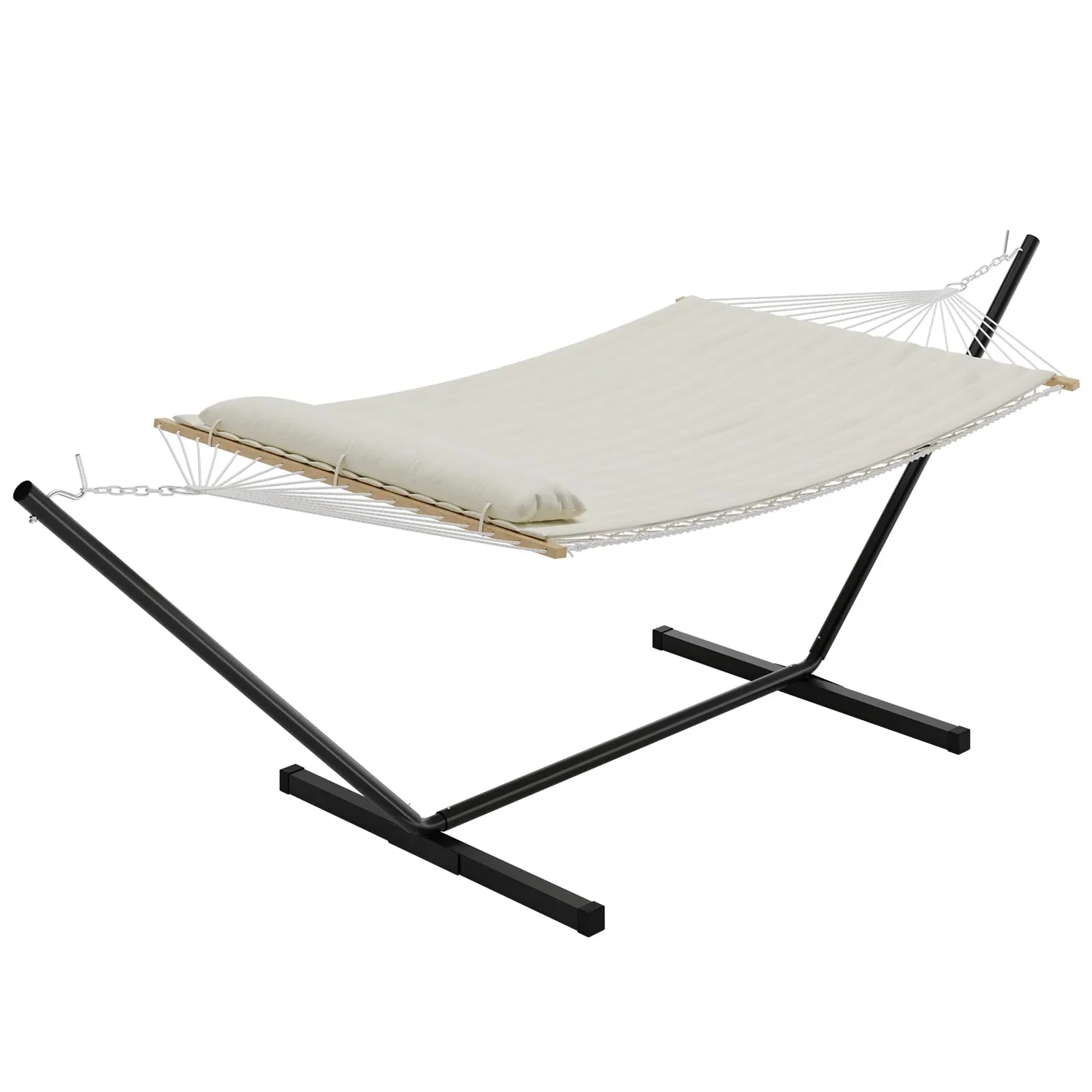 【GARVEE】Double Hammock with Stand – Heavy Duty Quilted Cotton Swing Bed for 2 – Includes Pillow and Storage Net, Portable for Patio, Garden, Camping – 193x132cm – Beige