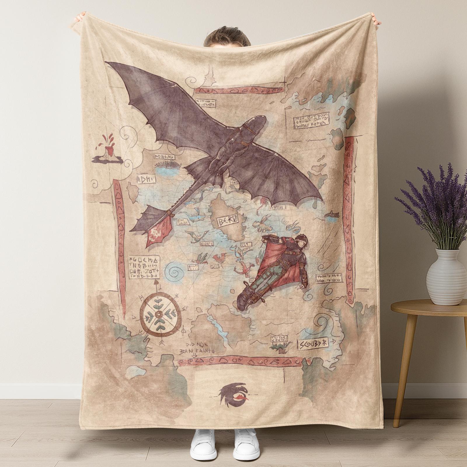 Vintage How to Train Your Dragon Print Fleece Blanket – Cute Hiccup & Toothless Pattern Soft Plush Throw, Perfect for Kids Adults, Ideal Bedroom Dorm Decor Gift for HTTYD Fans