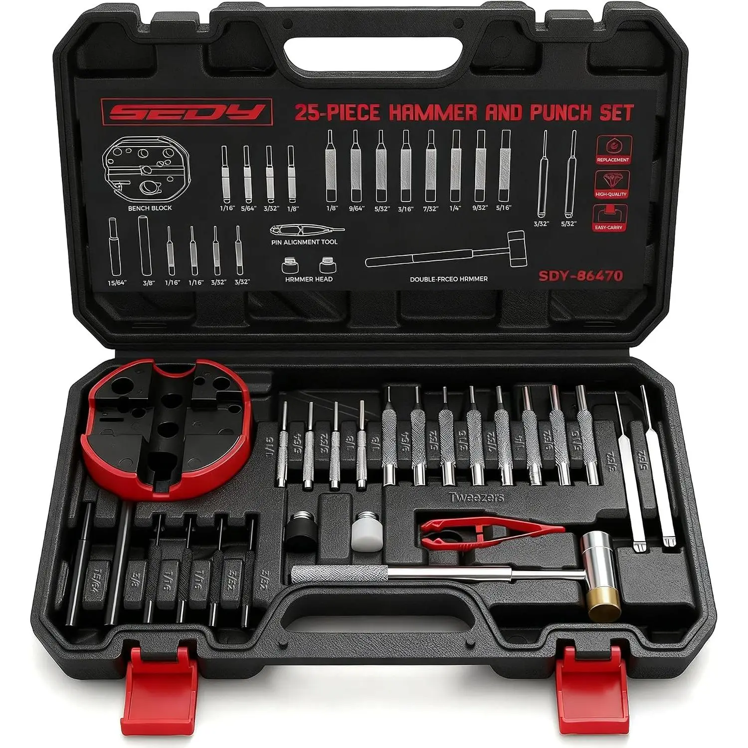 High-Quality Punch and Hammer Set: 25-Piece Punch and Hammer Set with Bench Anvil, Steel Rolling Punch Set, Punches with Replaceable Hammer Faces, Tools for Mechanical Repair
