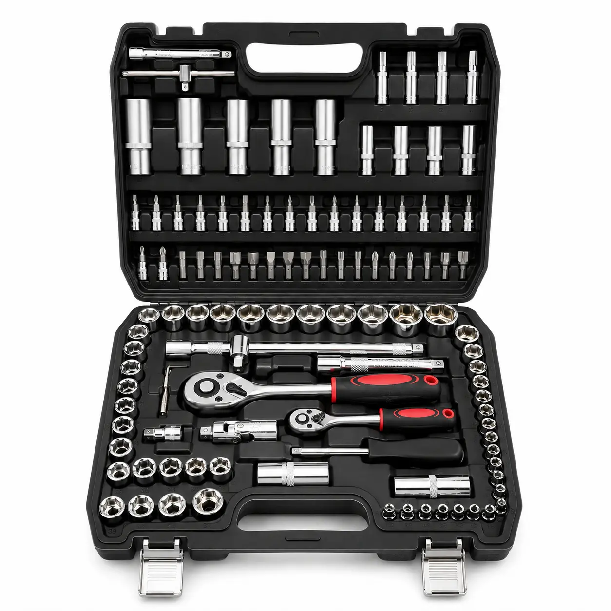 108-Piece Socket Wrench Tool Set with Multiple Specs Ratchets & Screwdriver Bits, Chrome-Plated Compartmentalized Kit for Home Auto Repair
