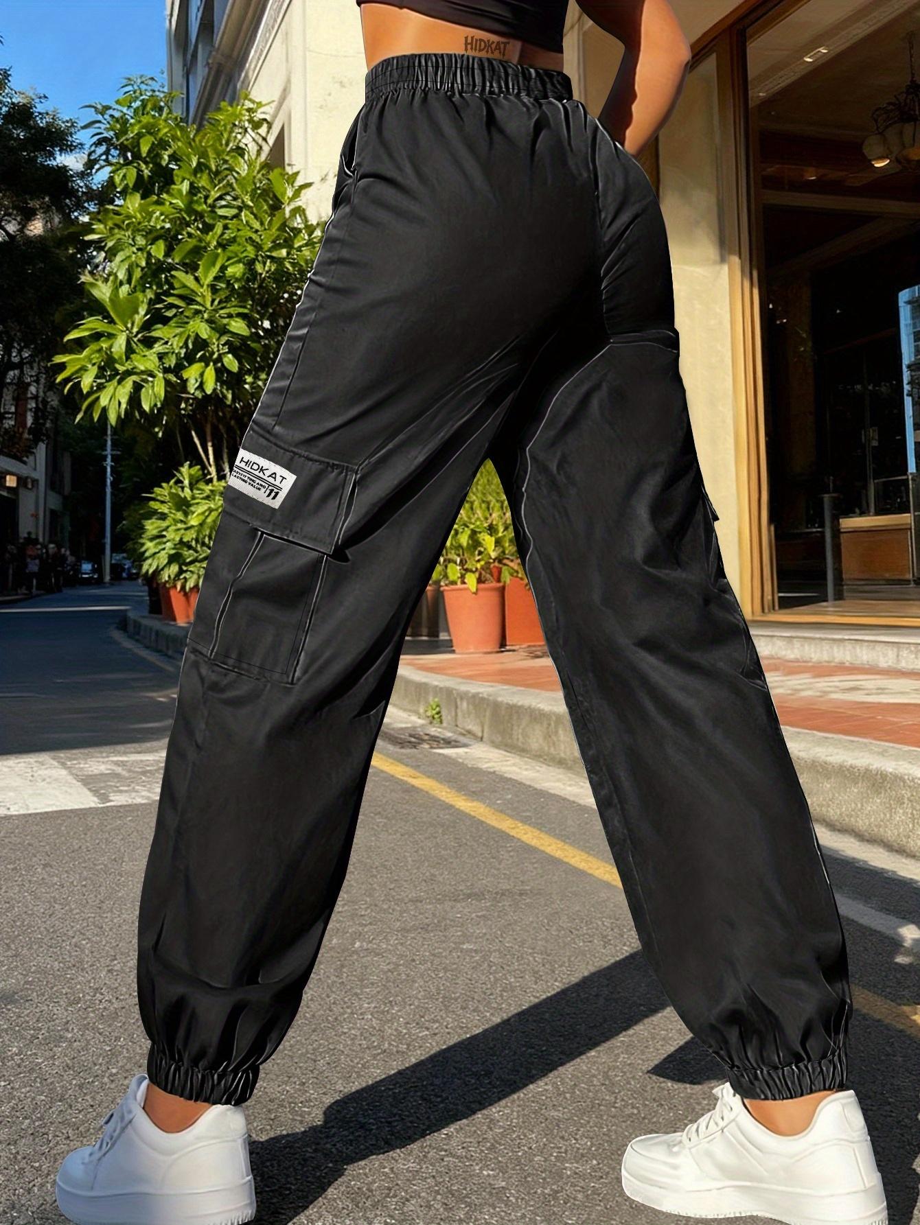 Women's Trendy Solid Color Cargo Pants Non-Stretch Fabric Drawstring Waist Roomy Utility Pockets Streetwear Sports Daily Trousers