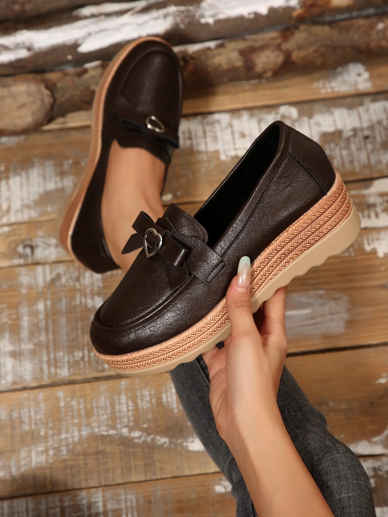 Spring Summer Retro Soft Leather Heart Bow Wedge Loafers Women, Slip-On Chunky Sole Casual Shoes, Anti-Slip Comfortable Walking Shoes