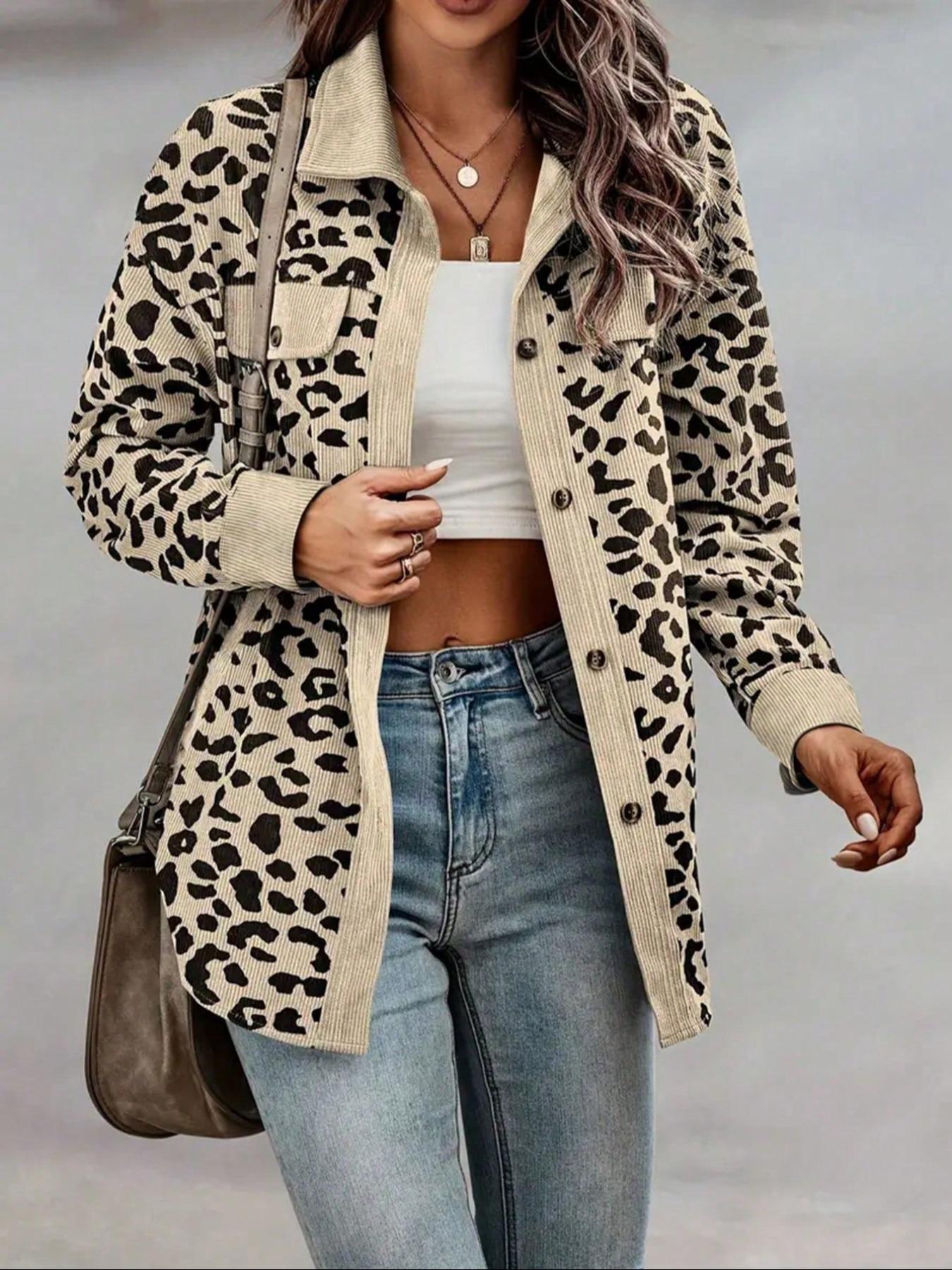 Women's Leopard Print Button Front Drop Shoulder Shirt Coat, Casual Long Sleeve Collared Pocket Blouse for Daily Wear, Ladies Clothes for All Seasons