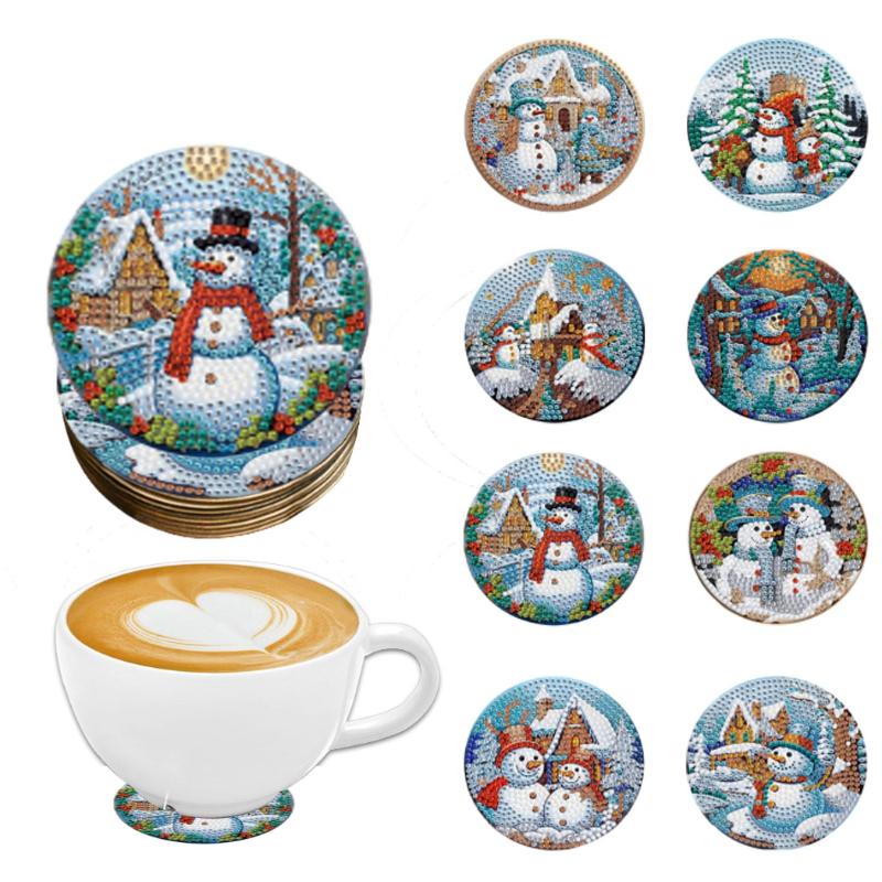 Snowman Cartoon Diamond Art Coasters With Display Holder, Diy Round Painting Craft Kit For Home Table Decor, Colorful Anti‑Slip Drink Coasters With Heat Insulation For Daily Use