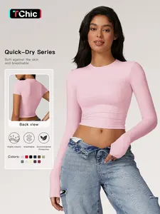 Women's Solid Round Neck Compression Sports Tee, Quick Drying Long Sleeve Crew Neck Crop T-shirt, Ladies Sportswear for Indoor Outdoor Wear, Valentine's Day Gift for Girl