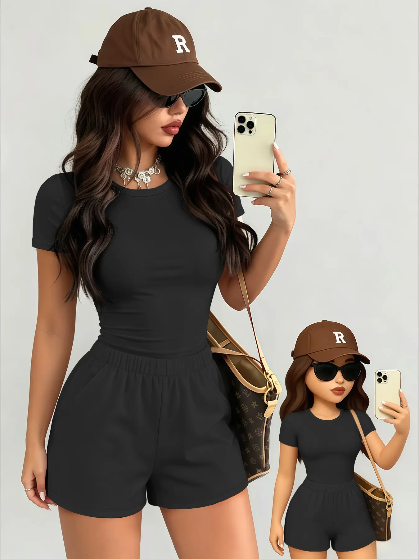 2-piece set, plain fashion set solid color casual sports set, lazy basic no-print simple short short-sleeve and hot pants set, women's fashion top and shorts set