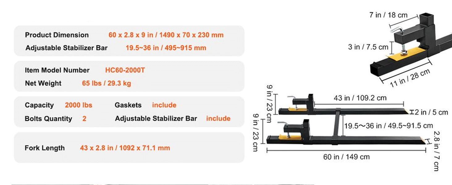 43/60" 2000/4000lbs Clamp on Pallet Forks Heavy Duty Tractor Forks with Adjustable Stabilizer Bar Tractor Bucket Forks for Tractor Attachments, Skid Steer, Loader Bucket