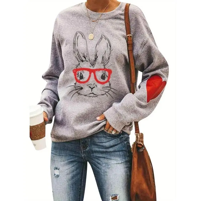 Women Loose Pullover Sweatshirts Easter Bunny Print Long Sleeve Round Neck Autumn Tops for Casual