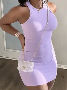 Light Sleeveless Bodycon Mini Dress, High Neck Tight Clubwear, Casual Party Night Out, Solid Elastic Backless Dress, Street Style Evening Event