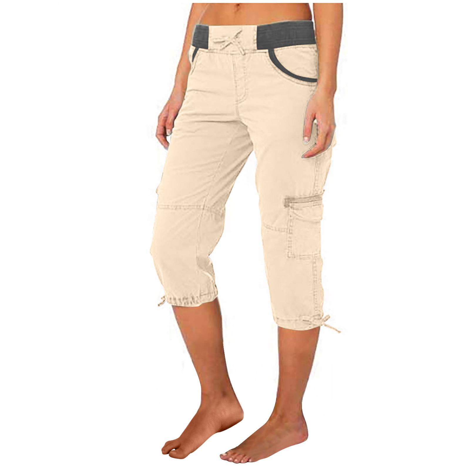Women Cargo Capris Soild Casual Pants With Pocket Drawstring Outdoor Hiking Pants Women'S Slacks Thin Streetwear Tops Chic White Womenswear Bottom Comfort Basic