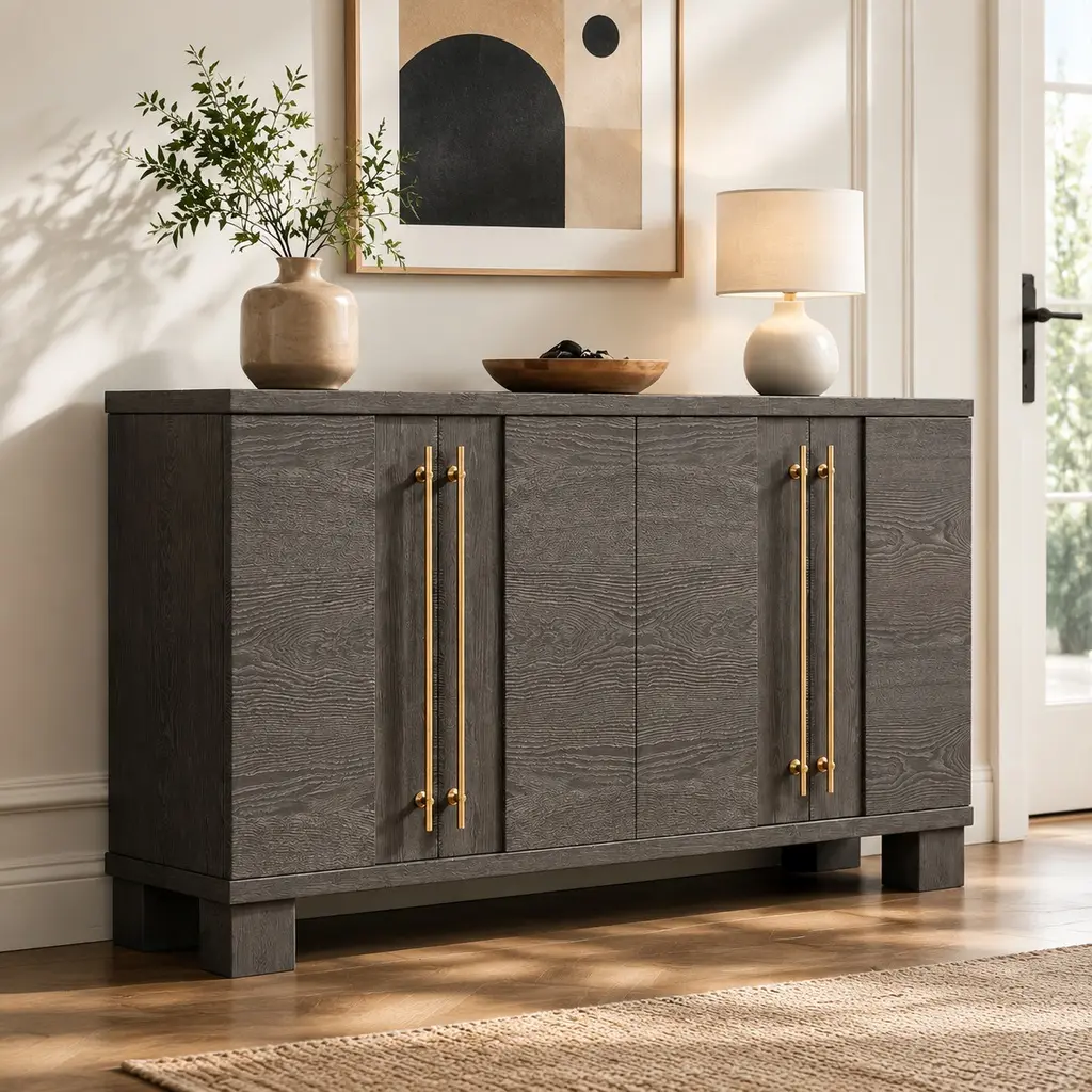 TREXM Modern Freestanding Storage Cabinet Sideboard Buffet, 60x15.7x33.8 inches, MDF+Ash Wood, Adjustable Shelves, Gold Handles, Taupe Finish, for Kitchen Dining Room